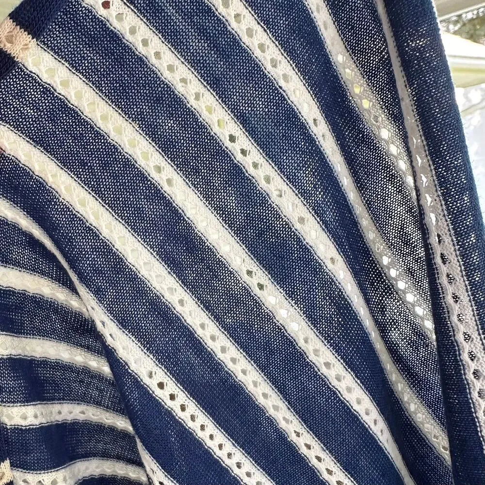 Navy Blue Stripe Knit Fabric Vintage 70s Knit PERFORATED Cotton Blend 53 x 63